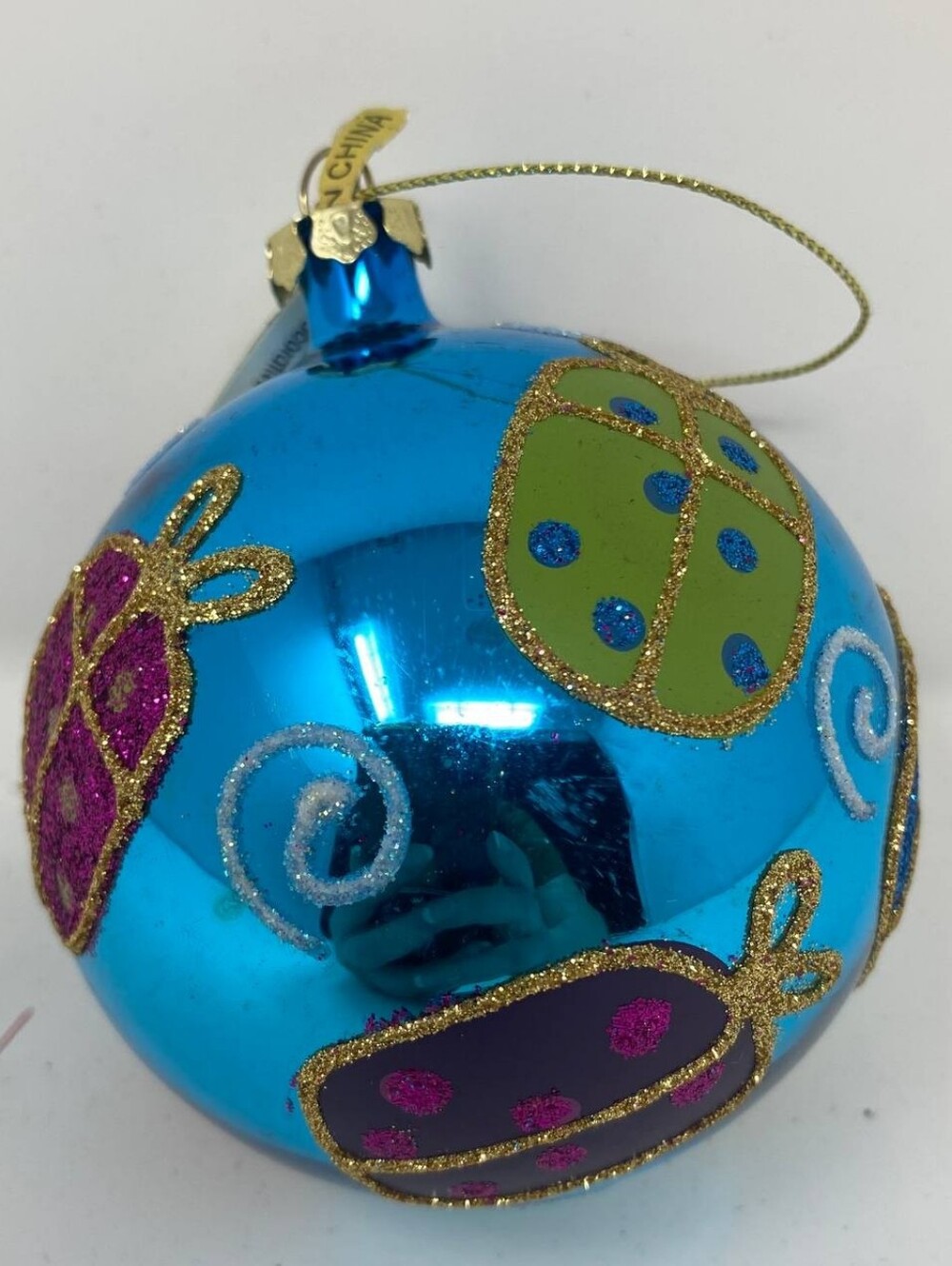 Pier 1 Imports Blue Shiny Ball with Glitter Presents Christmas Ornament